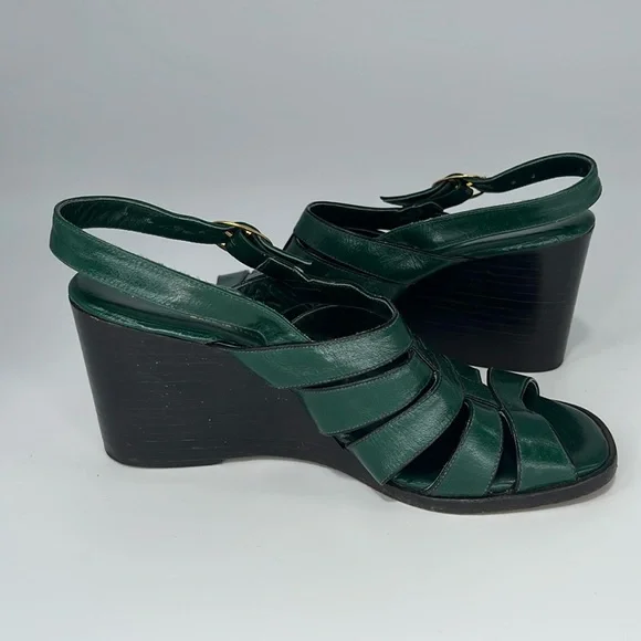 Vintage 70s Rodan Stacked Wedge Sandals in Green Leather Size 5 1/2 - Picture 8 of 13